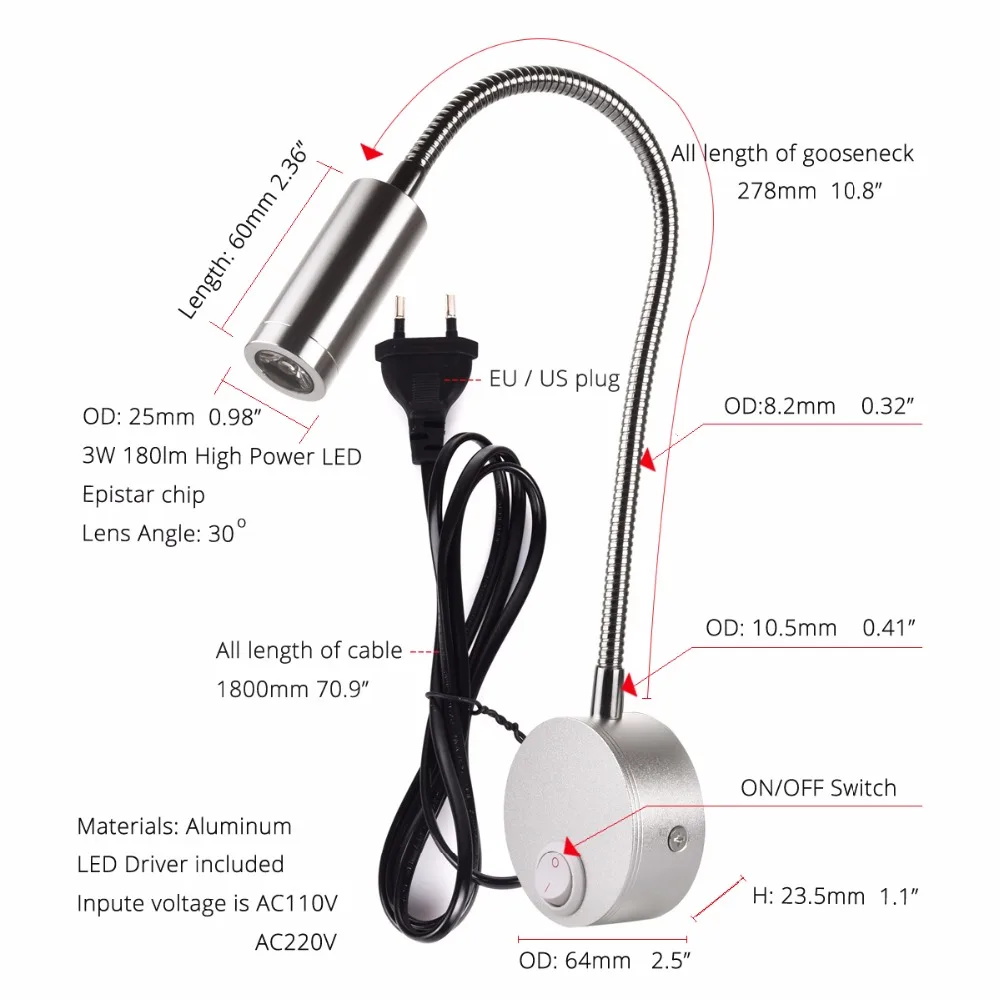  LED Wall lamp 3W Modern Bedroom Bedside Reading Study Book Lamp Black Silver Light Body wall light  - 32800550610
