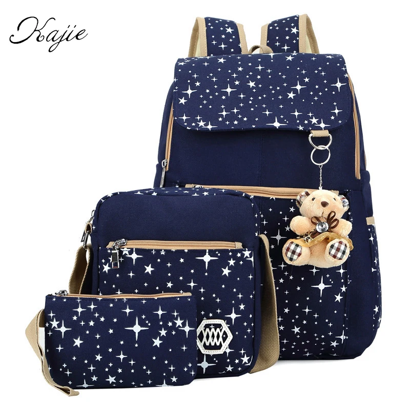 

Kajie Summer Canvas Women Backpack Stars Printing Students Bookbag 3 Pcs School Bag Set For Youth Girls With Purse Bear Mochila