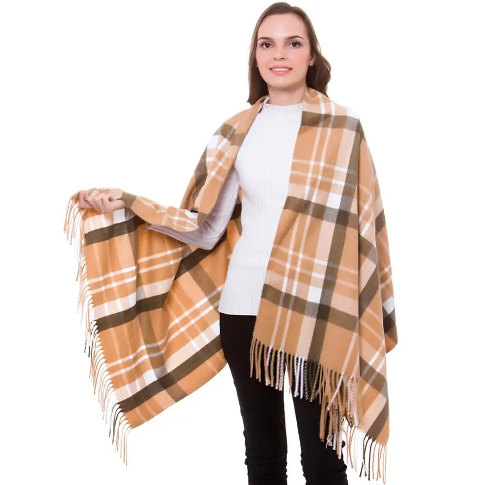 

Cashmere Scarf Shawl Winter Women Stylish Check Plaid Autumn Wrap Wool Fine Brushed Long Large Thick Tartan Tassel Hijab Camel