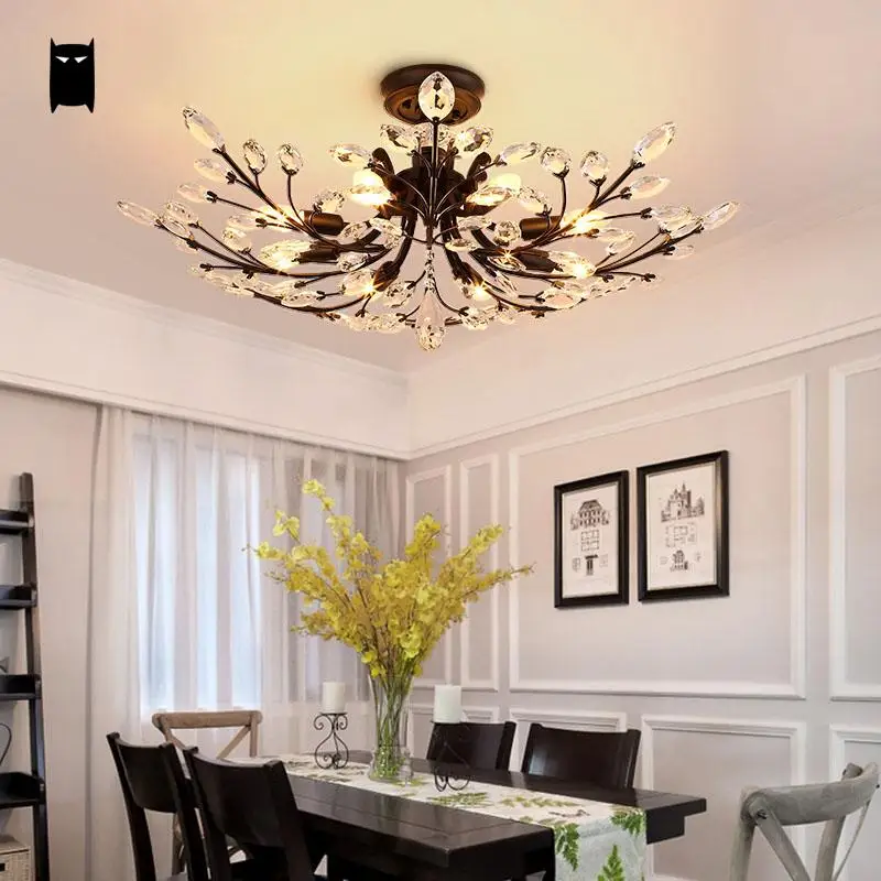 

Black Iron Crystal Flower Ceiling Light Fixture Rustic Country Contemporary Romantic Plafon Lustre Avize Lamp Dining Bed Room
