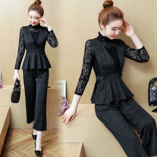 Goddess комплект из 3 предметов, Женский клетчатый ансамбль Женский Две предмета, офисный Топ и штаны, комплект Conjunto Feminino, женский костюм