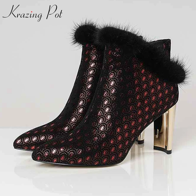 

Krazing Pot special sheep suede gorgeous pointed toe metal high heels winter shoes handmade zipper mane women ankle boots L63