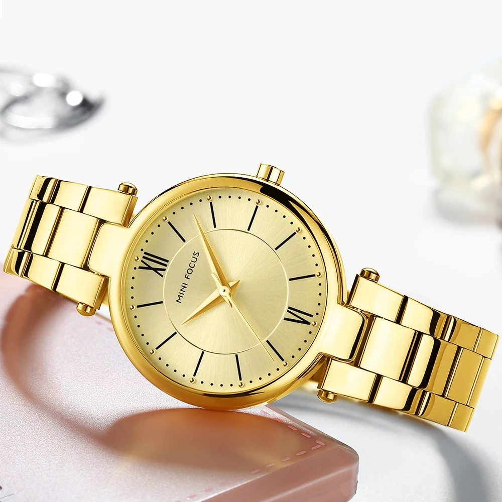

MINIFOCUS Top Brand Luxury Royal Golden Women Watches Ladies Quartz Clock Stainless Steel Strap Simple Dress Chic Wristwatches