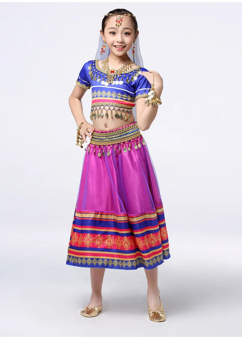 Детская одежда для детей, индийское сари, костюм Болливуд для танца живота с ручной вышивкой, комплект из 5 предметов (топ + пояс + юбка + вуаль