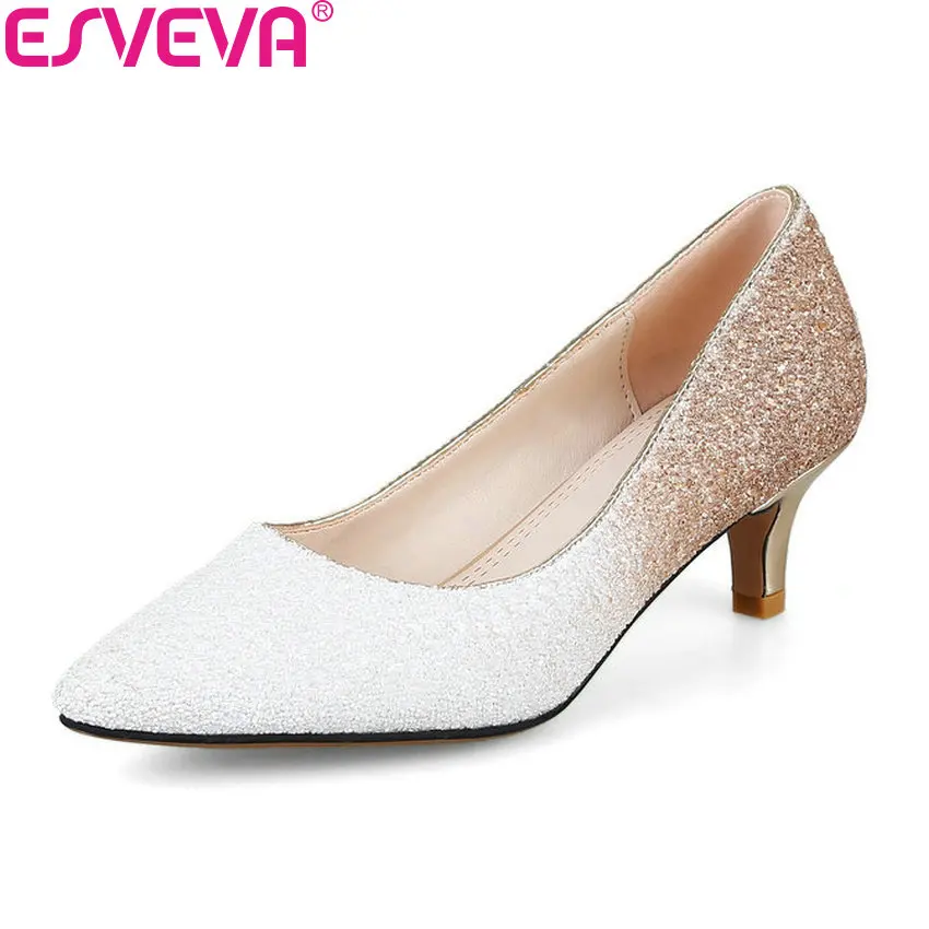 

ESVEVA 2018 Women Pumps Mixed Color Sequins PU Slip on Thin High Heels Two Kinds Heel Pointed Toe Ladies Pumps Shoes Size 34-40