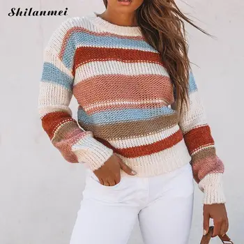 

Autumn Sweater Fashion Knitted Sweater Women Multicolor Stripe Pull Femme O Neck Causal Pullover Ladies Sweater Pull Femme Top