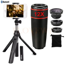 12X зум телеобъектив телескоп микроскоп рыбий глаз широкоугольный Макро Lentes штатив Bluetooth затвор для смартфона