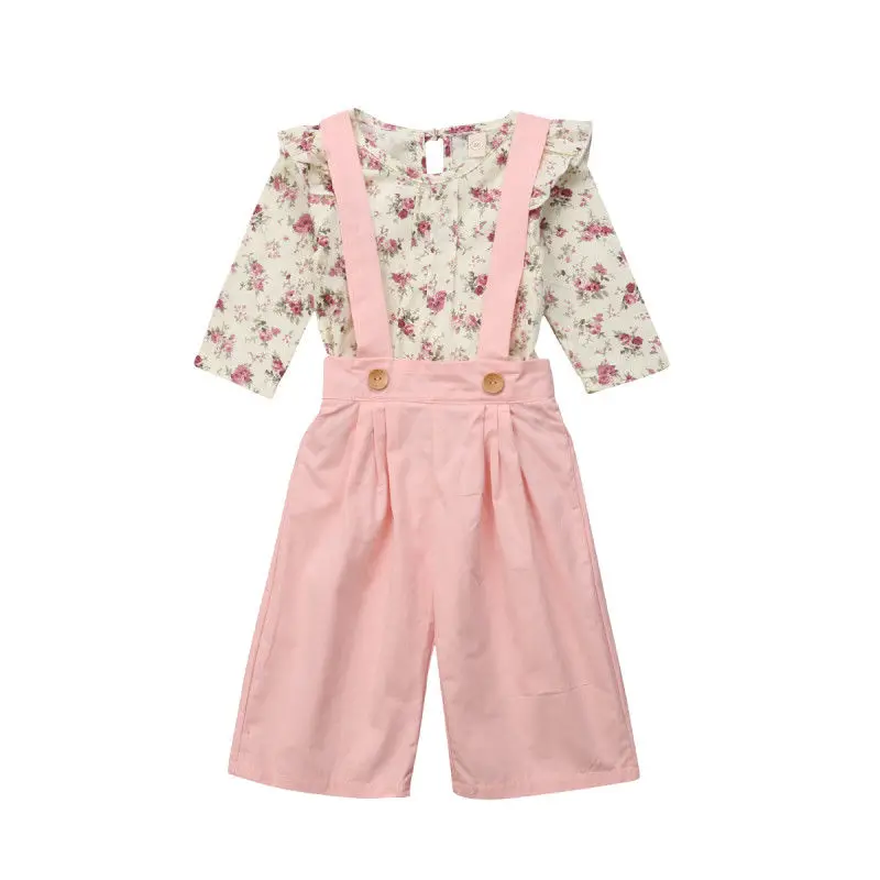 

Pudcoco 2018 New Tollder Kid Baby Clothing Cute Newborn Kids Baby Girl Floral Ruffle Tops Bib Strap Pants Outfits Clothes CX