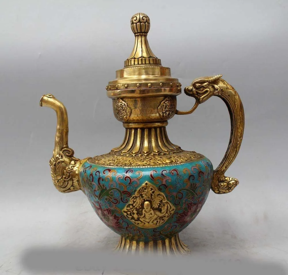 

14" Marked China Cloisonne Purple Bronze Dragon Wine Tea Pot Flagon Statue