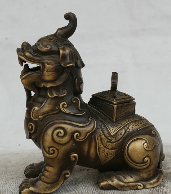 

Fast shipping USPS to USA S2122 8" China Copper FengShui Folk Pi Xiu Unicorn Beast Statue Incense Burner Censer