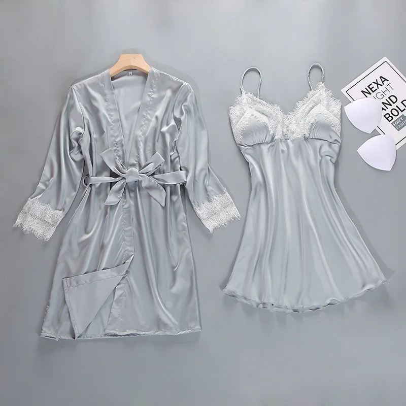 Лидер продаж Для женщин кимоно Банный халат невесты пикантные Шелковый Свадебный халат кружево Thrm, одежда для сна, спальная одежда Атлас, искусственный шелк, комплект из 2 предметов, платье на бретельках+ халат костюм S0004