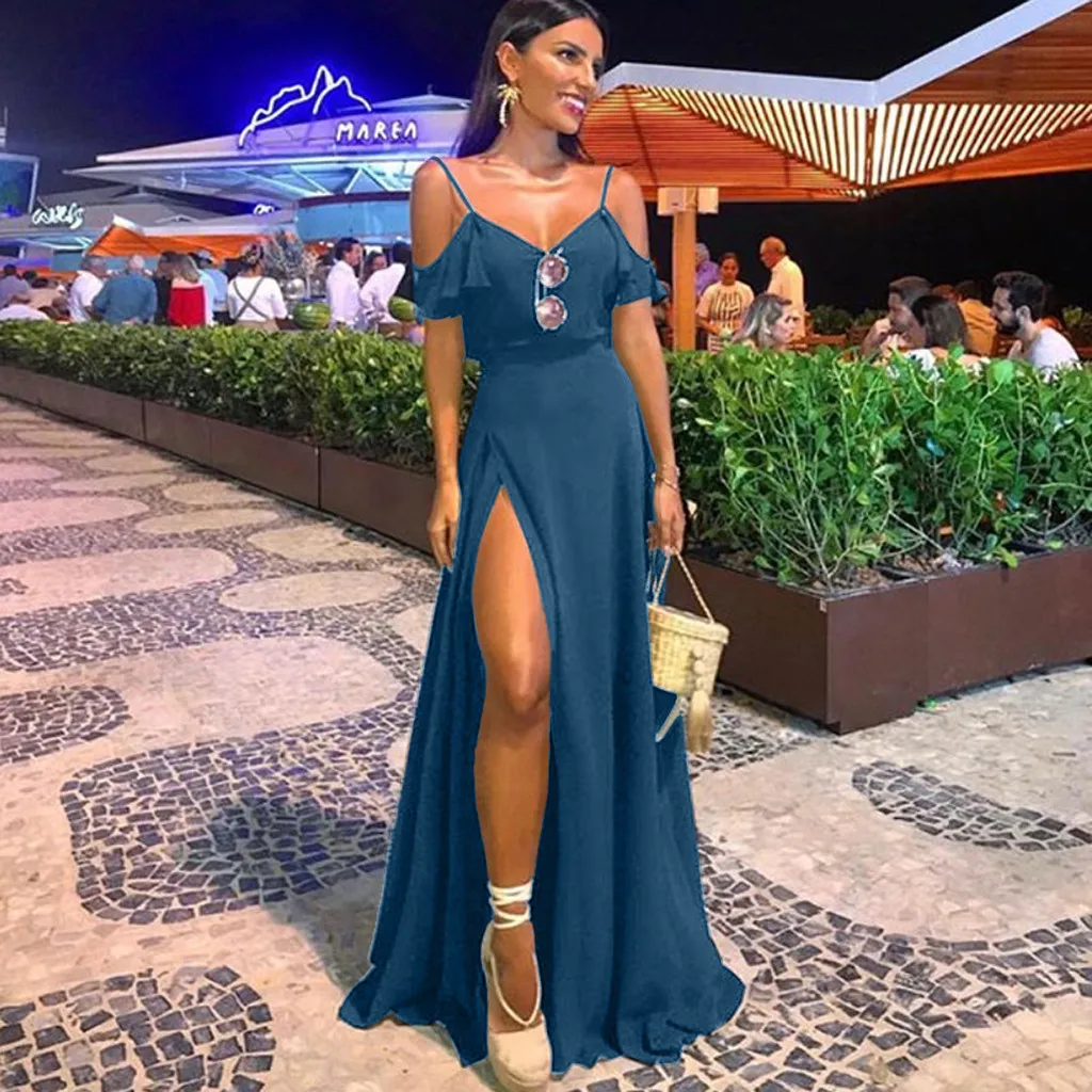 

Summer Sling Sexy Backless Woman's Casual Elegant Strap V-neck Side Split Strapless Party Fashion Lotus Leaf Dress платье 41*