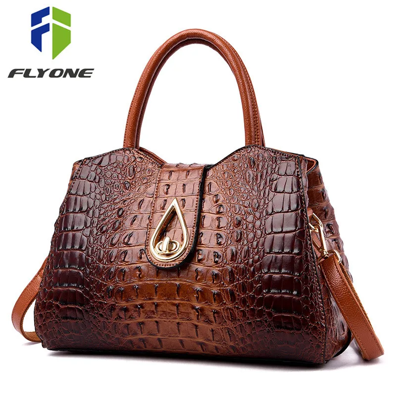 

FLYONE Vintage Fashion Crocodile Genuine Leather Luxury Handbags Women Bags Designer Female Shoulder Bag Ladies Bolsas Feminina