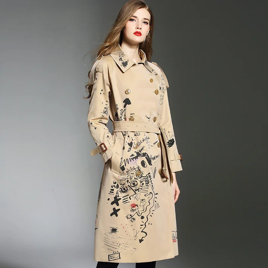 

BURDULLY Autumn 2018 New Style Trench Turn-down Collar Coat For Women Wide-waisted Fashion Graffiti Classic Double Breasted