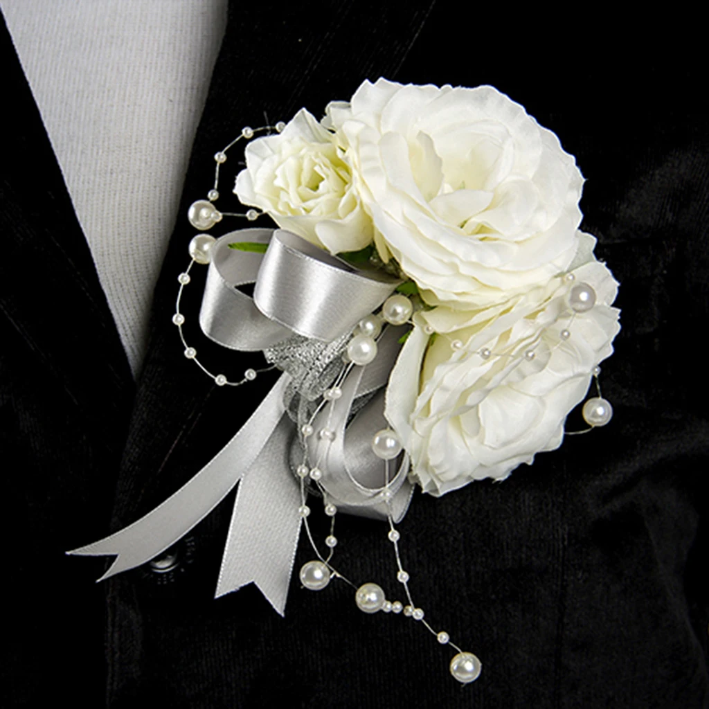 Beautiful Ribbon Boutonnieres Corsage White Rose Silver Grey Corsage for Wedding Party Favor Photo Props