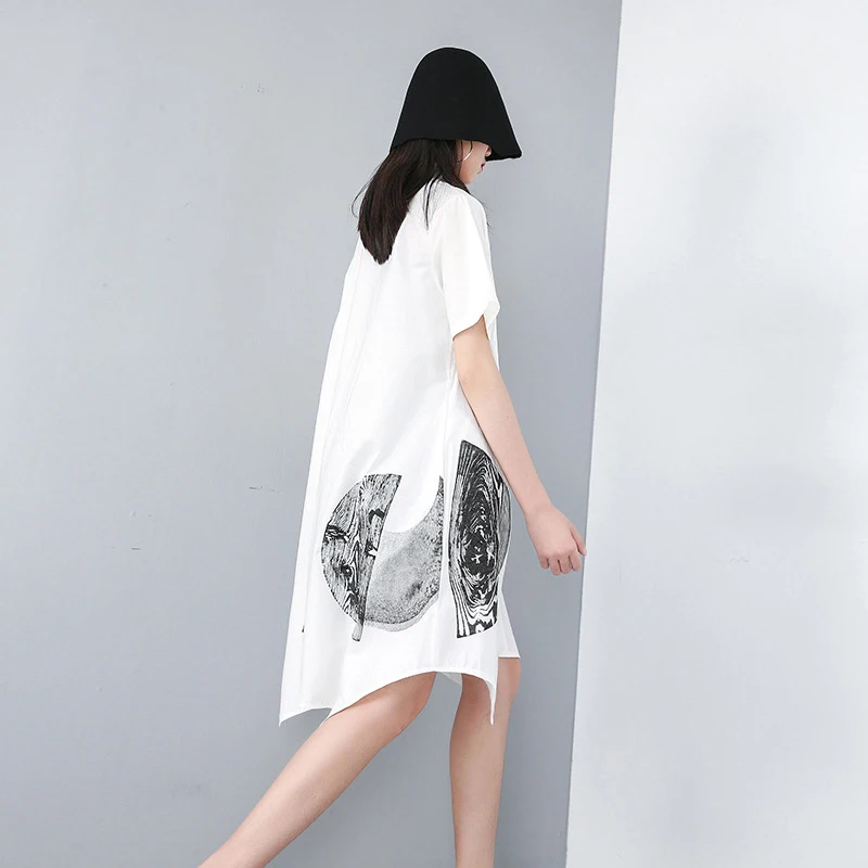  [EAM] 2020 New Spring Summer Lapel Short Sleeve White Pattern Printed Loose Irregular Loose Shirt W