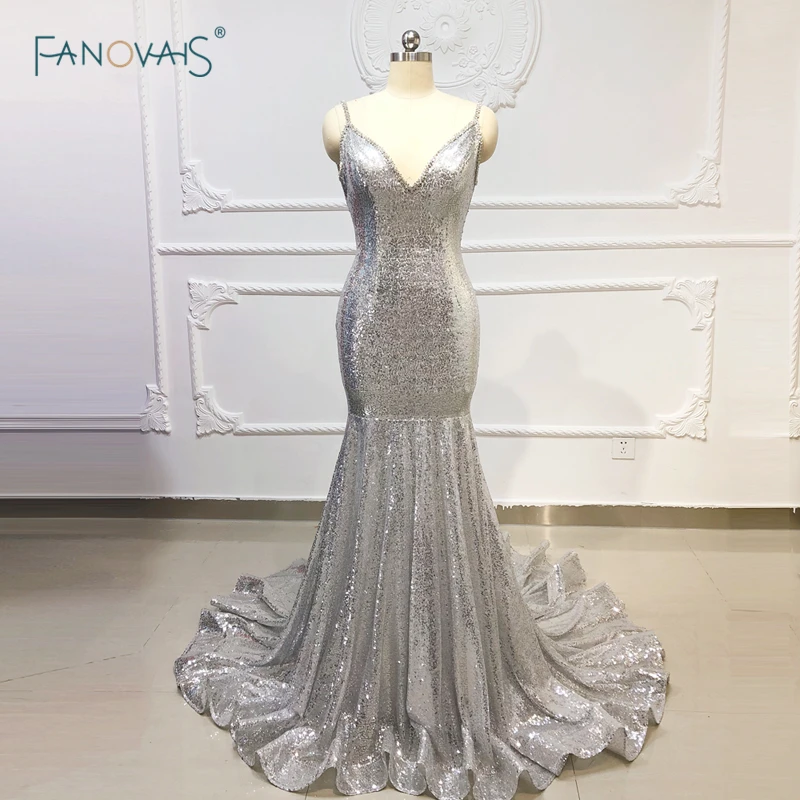 

Silver Evening Dresses Long Spaghetti Straps Mermaid Prom Dress 2019 Crystal Sequin Evening Party Dress Vestido de Fiesta NE41