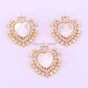 

New Arrival 5Pcs Heart Shape Gold Color Copper with CZ Micro Pave Mother of Pearl MOP Shell Maria Pendant Jewelry