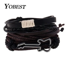 YOBEST модные аксессуары Веревка Шарм в виде гитары черный кожаный браслет и браслеты многослойный Плетеный браслет для мужчин