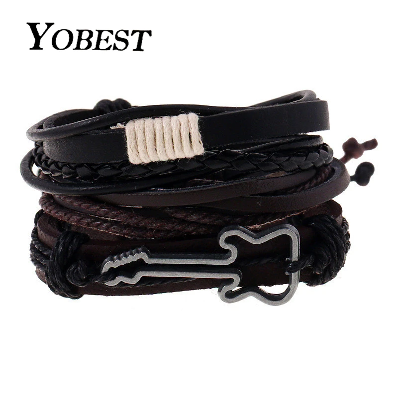 

YOBEST Fashion accessories Rope guitar charm Black Leather Bracelets&Bangles Multilayer Braided Wristband Bracelet Men