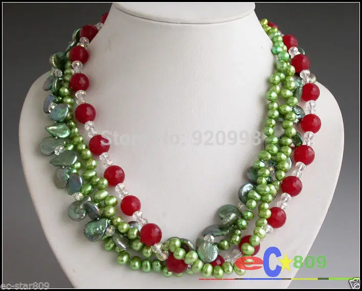 

Wholesale&FREE P&P*S970 4row 18" green rice coin pearl red jade faceted crystal NECKLACE