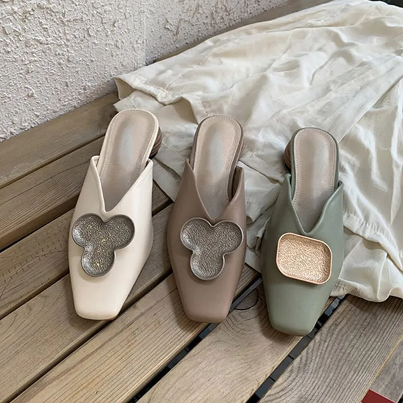 

Boussac Metal Decoration Slipper Sandals Women Vintage Square Toe Flat Sandals Women Elegant Women Mules Ladies Shoes SWC0518