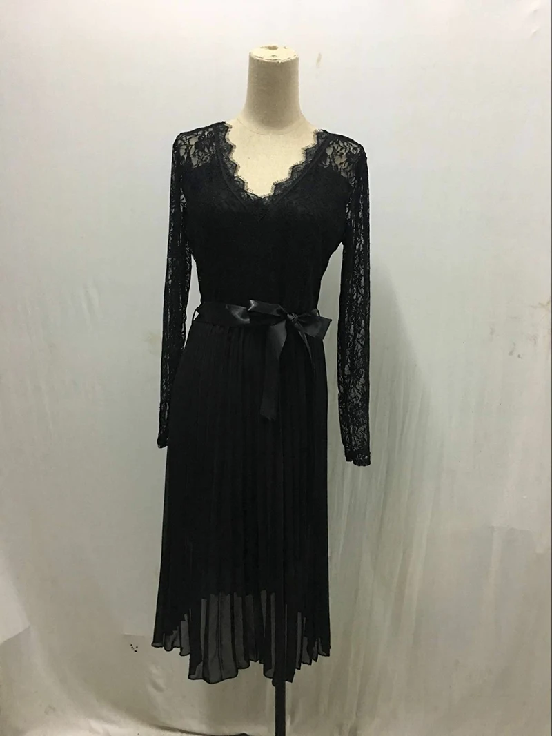 GUMPRUN, летнее повседневное платье,, женское кружевное плиссированное платье с длинным рукавом, элегантное свежее черное платье с лентой, шифоновое платье миди