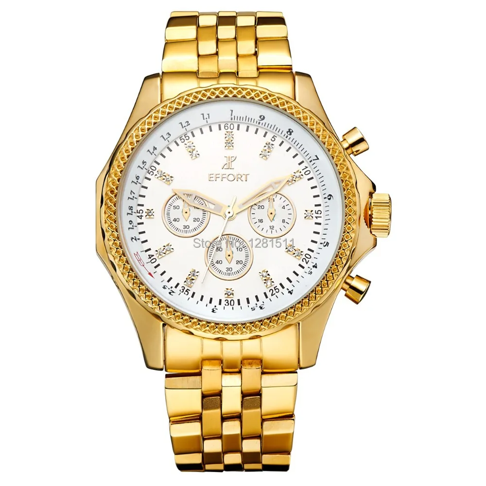Luxurious Top Brand EFFORT Male White Dial Golden Clocks Quartz Watches