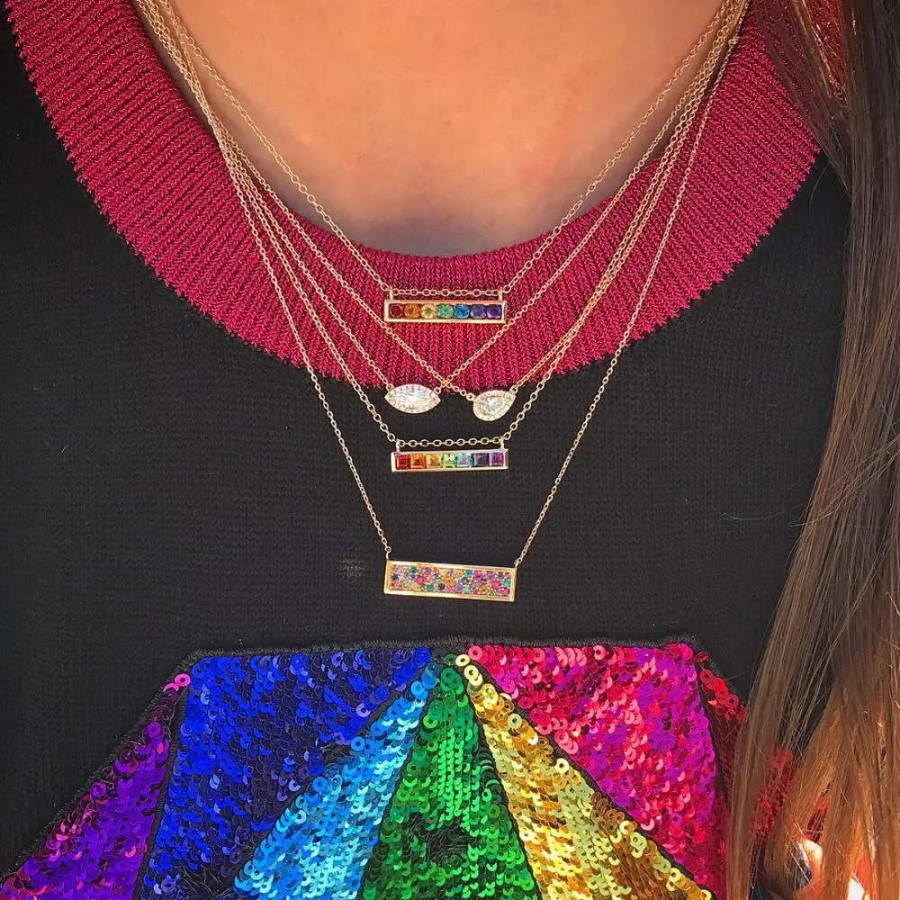 

2019 new arrived multi color cz Necklaces For Women Rainbow Bar Necklace floating charm Dazzling CZ Gold color Jewelry Gift