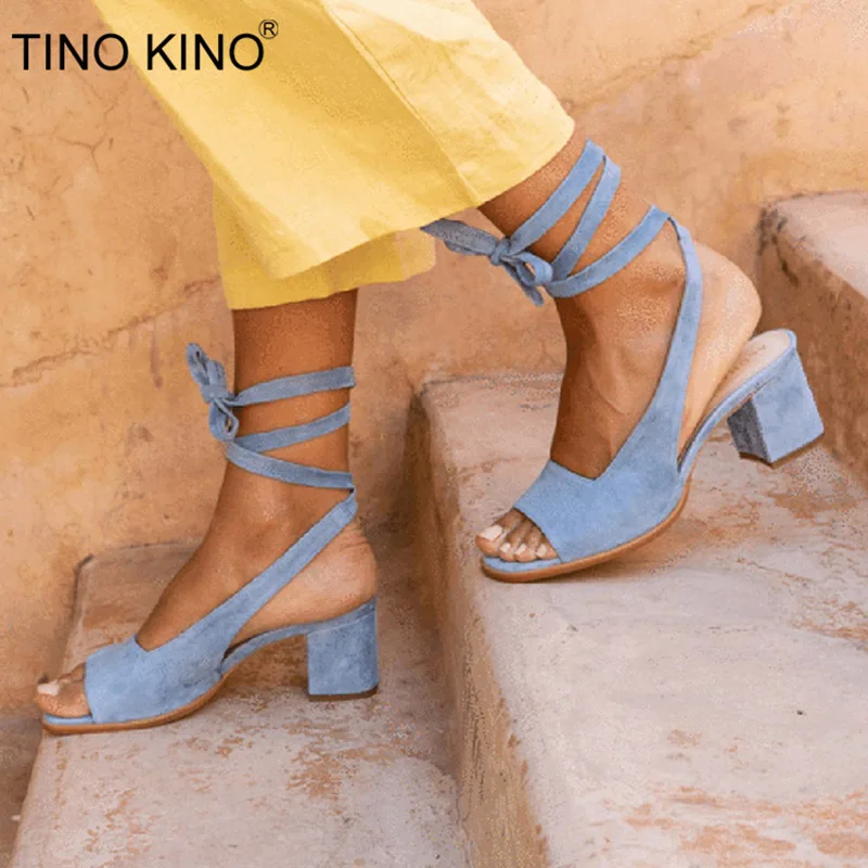 

TINO KINO Women Ankle Strap Summer Sandals Chunky High Heels Ladies Lace Up Open Toe Fashion Female Flock Casual Shoes Plus Size