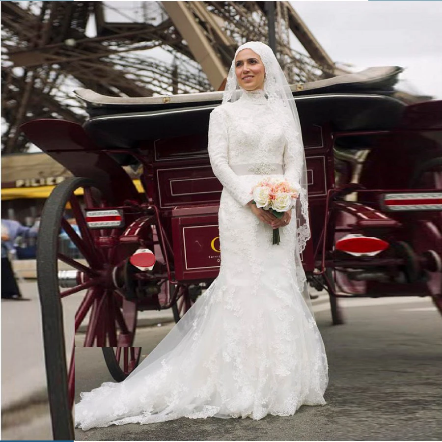 Robe De Mariage Винтаж мусульманское подвенечное платье с вуалью Длинные рукава