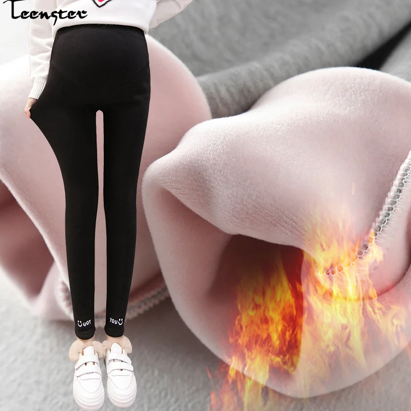 

Teenster Clothes for Pregnant Women Maternity Pants Winter Autumn Fleece Leggings Casual Trousers Thickened Outfits Support Bell
