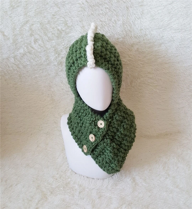 Kid Handmade Dinosaur Hat Children Eleka Knitted Cap Boy Girl Neckchief Tubular Scarf 3 Buttons Loop Shawl and Beanie_voghion.com