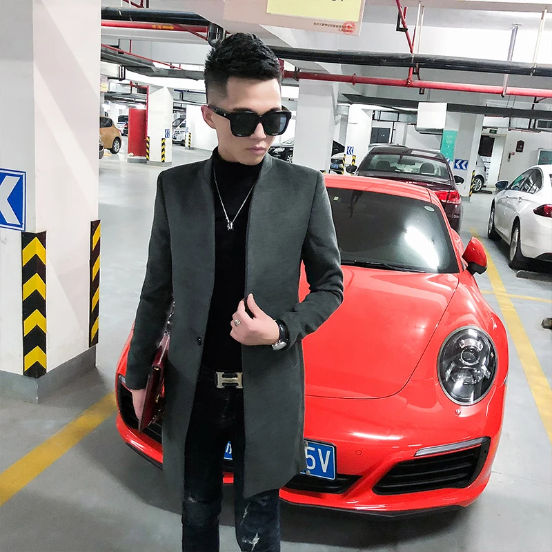 

2018 new winter woolen coat male long section woolen windbreaker tide male Slim popular solid color casual jacket