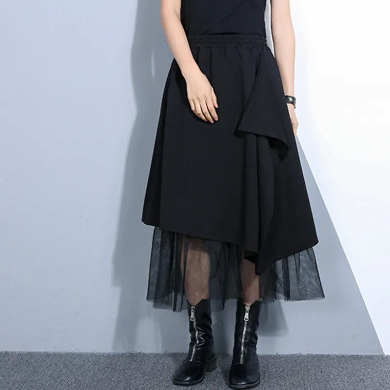 Женские черные плиссированные юбки с завышенной талией, новинка, лоскутные женские юбки с двойной вуалью на весну и лето