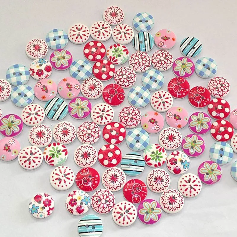 

Wooden Flower Printed Buttons 2 Holes Round Handmake Wooden Button DIY Sewing Accessories For Clothing Decoration Sewing Crafts
