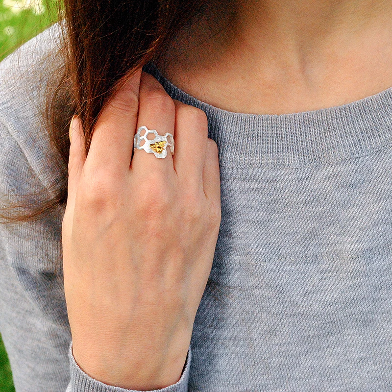 Lotus Fun Genuine 925 Sterling Silver Rings for Women Geometric Honeycomb Bee Open Adjustable Ring silver 925 jewelry Girl Gifts