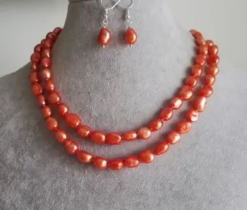 

Unique Pearls jewellery Store 7-9mm 32inches Orange Freshwater Pearl Necklace Earrings Jewellery Set Charming Women Party Gift