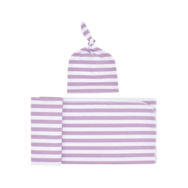 Хлопковое полосатое полотенце для новорожденных, шапка с шиной, 2 комплекта, набор пеленок для маленьких девочек, спальный мешок, сумка, платье для новорожденных, для маленьких мальчиков, унисекс, 0-12 месяцев - Цвет: Фиолетовый
