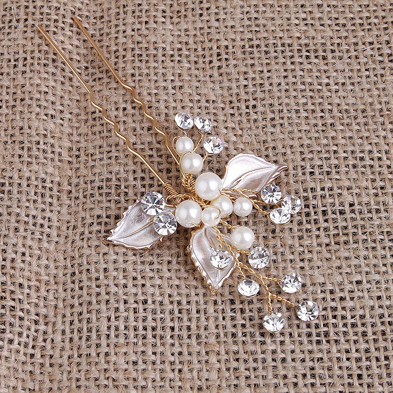 

SLBRIDAL Handmade Classic Vintage Pearls Rhinestones Crystals Flower Leaf Wedding Hair Pin Bridal Hair Stickers Hair Accessories