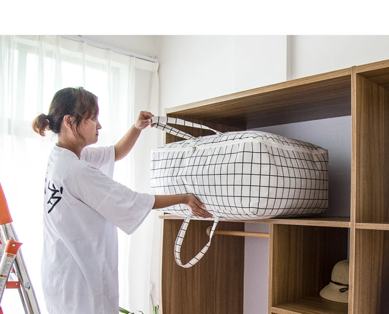 Nordic Style Grid Print Portable Closet Organizer Cotton Line Storage Bag For Quilt Coat Clothing Wardrobe Organizer With Handle