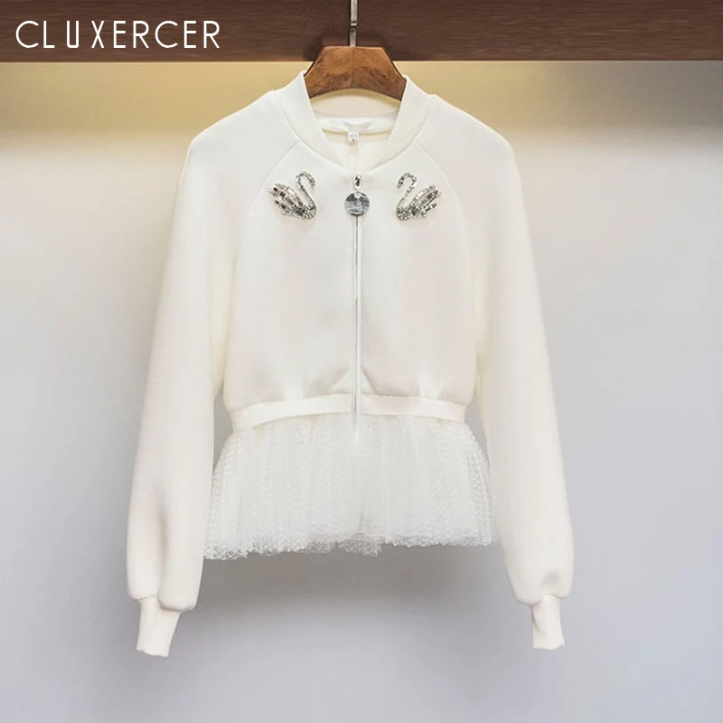 

Basic Jacket For Women 2019 Fashion Diamonds Mesh Stitching Long Sleeve Bomber Female Spring Korea White Zipper Ladies Jacket