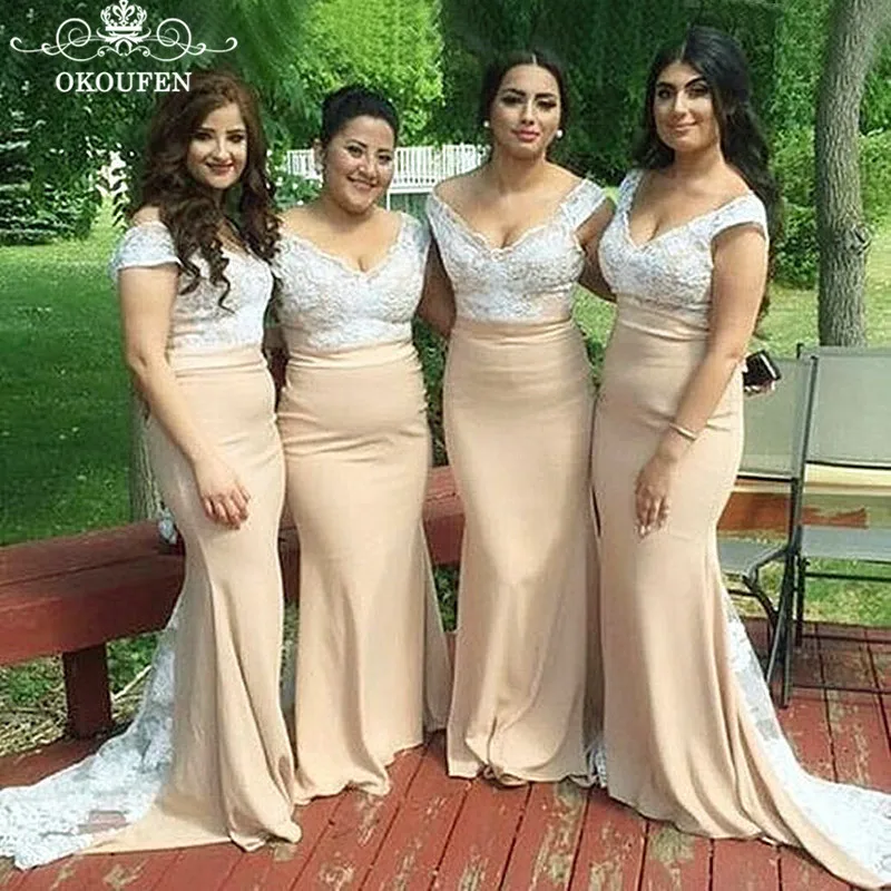 

Sexy Deep V Neck Mermaid Bridesmaid Dresses 2019 White Lace Top Champagne Satin Skirt Long Mermaid Maid Of Honor Dress Party
