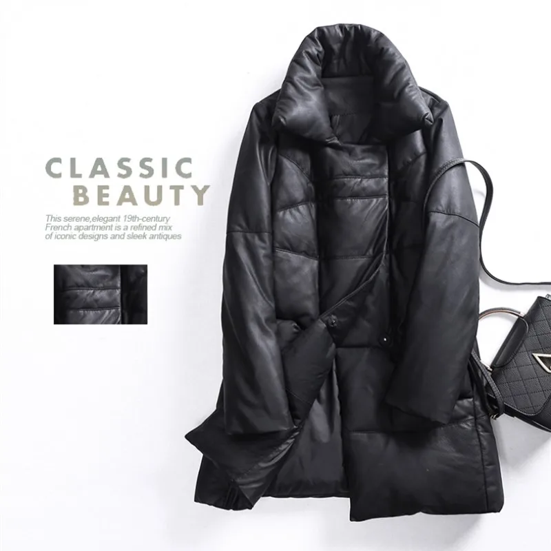 Genuine Leather Down Coat Winter Women Fashion Bread collar Sheepskin Coat Loose Thickened Long Warm Jackets