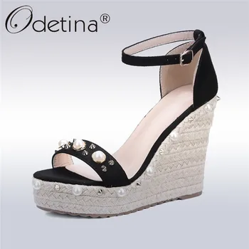 

Odetina 2019 Fashion Sandals Straw Platform Wedges Espadrille High Heel Summer Women Buckle Strap Pearl Rivet Casual Dress Shoes