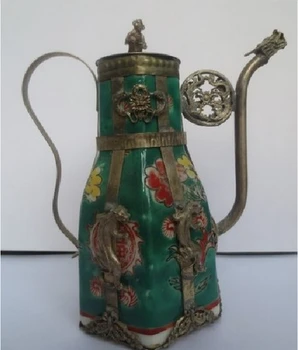 

design silver handmade Chinese green ceramic tea pot , Tibetan silver flagon tools wedding Decoration Brass