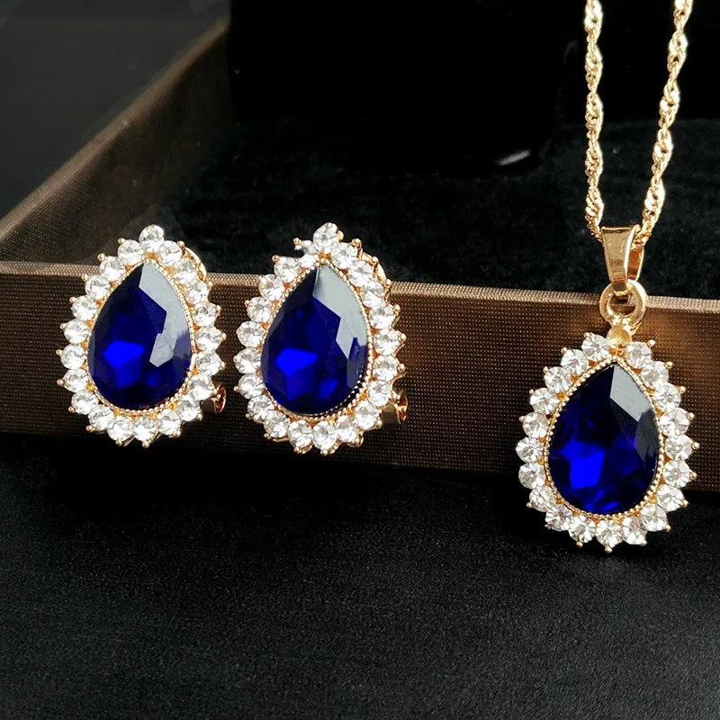 

idix Blue water drop jewelry set inlaid crystal necklace earrings wild fashion accessories wedding jewelry gift for women