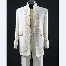 Новинка; обувь с вышивкой в Женихи Для мужчин отворот китайского стиля комплект со смокингом жениха цвета слоновой кости Для мужчин костюмы на свадьбу/выпускных вечеров, лучший мужской блейзер(пиджак+ брюки+ жилет) для маленькой девочки C10