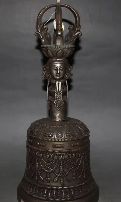 

Details about 14"Chinese Silver People Buddha Head 8 Auspicious Symbol Dorje Vajra Bell Statue
