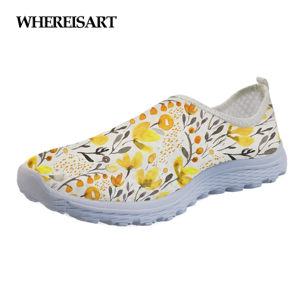 

WHEREISART Slip-on Ladies Shoes Flats Yellow Field Pattern Summer Fashion Air Mesh Women Mesh Beach Loafers Shoes Woman Light